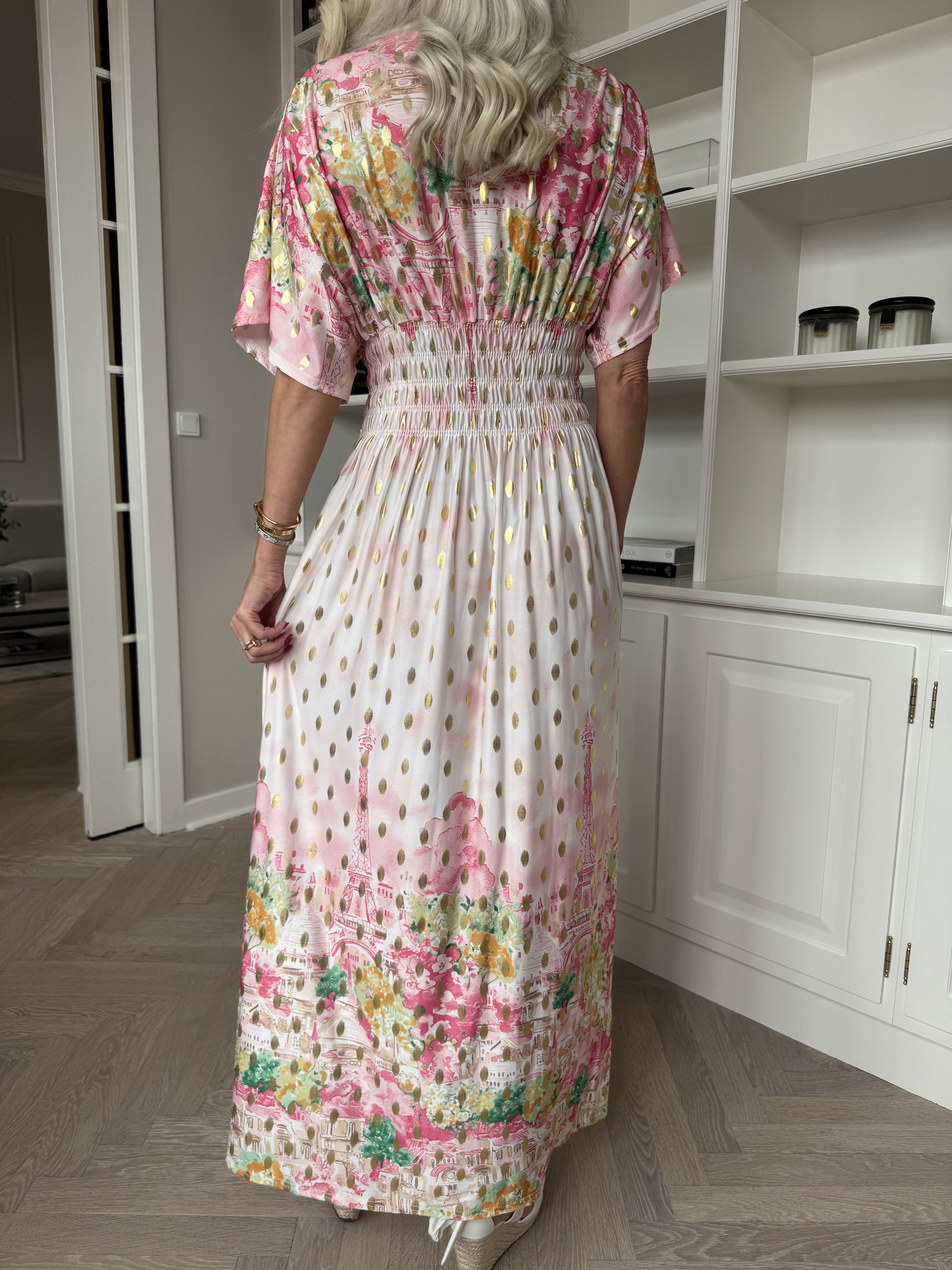 Pams Paris - Lång elastisk mönstrad klänning med guldnitar